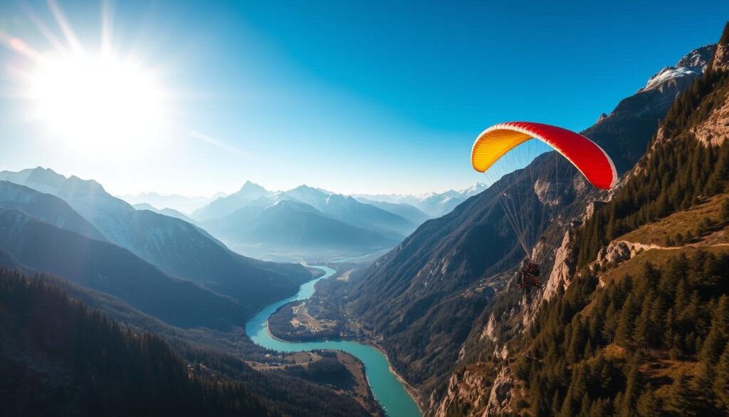 A breathtaking aerial view of the Val di Sole, the sun's golden rays illuminating the rugged alpine landscape. Majestic snow-capped peaks rise in the distance, their jagged silhouettes reflected in the turquoise waters of the winding river below. In the foreground, a lone paraglider gracefully soars, its bright canopy a vibrant contrast against the vast, pristine scenery. The air is crisp and cool, the wind whistling through the pine-clad slopes, creating a sense of exhilaration and freedom. This image captures the essence of an unforgettable parapendio adventure in the heart of the Trentino region.
