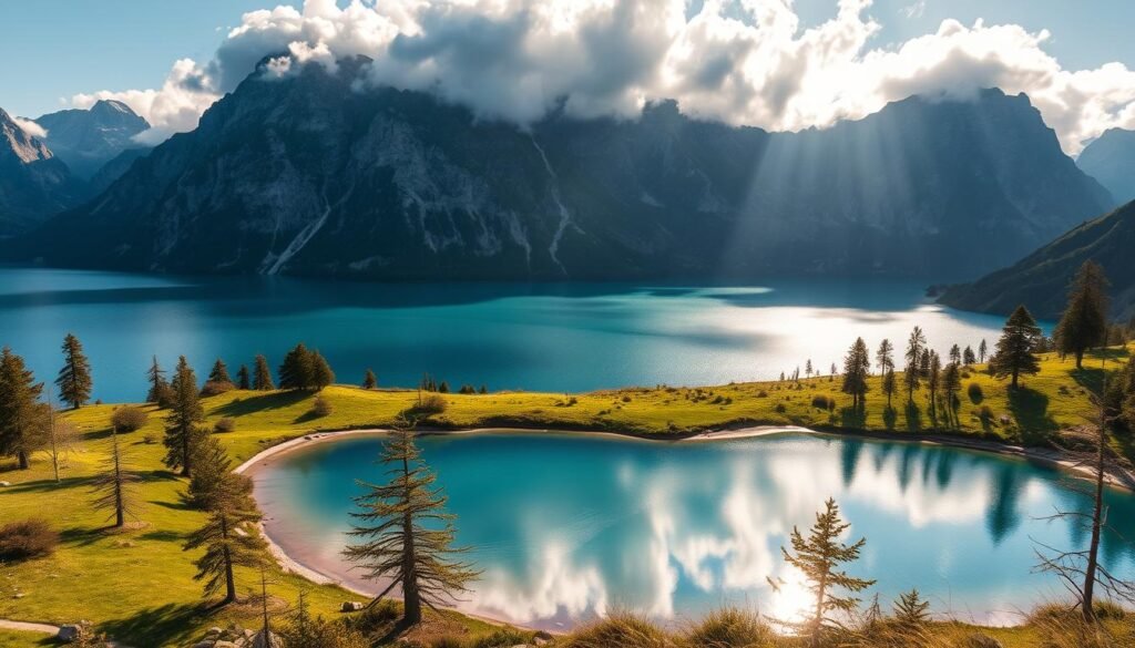 A breathtaking alpine lake nestled amidst towering peaks, Lago Pian Palù shimmers with a mirror-like surface reflecting the surrounding rugged mountains. Crystalline turquoise waters are framed by lush green meadows and sparse, wind-swept pines. Dramatic shadows cast by fluffy white clouds dance across the tranquil expanse, lending an ethereal, atmospheric quality. Captured in the golden hour, the scene exudes a sense of serene isolation, inviting the viewer to immerse themselves in the majestic natural beauty of this remote corner of the Italian Alps. A breathtaking alpine lake nestled amidst towering peaks, Lago Pian Palù shimmers with a mirror-like surface reflecting the surrounding rugged mountains. Crystalline turquoise waters are framed by lush green meadows and sparse, wind-swept pines. Dramatic shadows cast by fluffy white clouds dance across the tranquil expanse, lending an ethereal, atmospheric quality. Captured in the golden hour, the scene exudes a sense of serene isolation, inviting the viewer to immerse themselves in the majestic natural beauty of this remote corner of the Italian Alps.