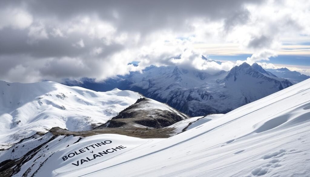A breathtaking alpine landscape blanketed in pristine white snow, with a prominent slope in the foreground displaying the "bollettino valanghe" (avalanche bulletin) - a critical advisory for the safety of hikers and skiers. Dramatic clouds drift overhead, casting a moody, atmospheric light across the scene. The middle ground features a winding mountain trail, inviting exploration, while the distant peaks rise majestically, their jagged silhouettes cutting a striking profile against the sky. The overall composition conveys a sense of both tranquility and the potential for danger, reflecting the delicate balance of venturing into the winter wonderland.