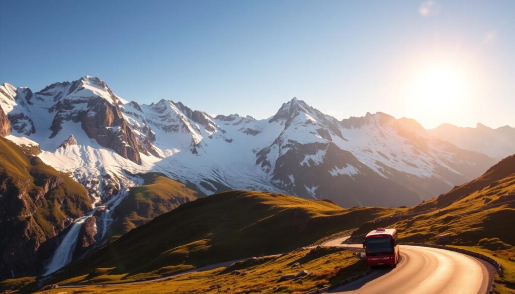A breathtaking alpine landscape in the Stelvio National Park, situated in the heart of the Italian Dolomites. Majestic snow-capped peaks rise into the crisp, clear sky, their rugged slopes carved by the passage of glaciers over millennia. In the foreground, a winding road snakes through the dramatic terrain, the Stelvio Bus carrying passengers on a scenic journey past thundering waterfalls and lush, verdant meadows. The warm, golden light of the sun bathes the scene in a cozy, inviting glow, creating an atmosphere of peaceful tranquility and natural wonder.