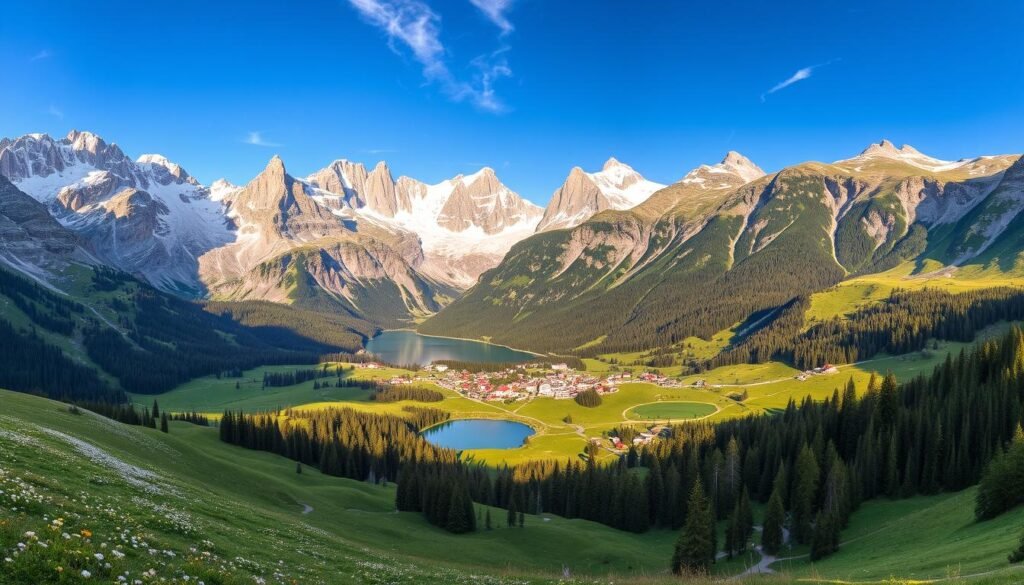 A breathtaking alpine landscape in the heart of the Italian Alps, Val di Sole is a natural wonder. Rolling green meadows dotted with wildflowers lead up to towering snow-capped peaks, their rugged faces cast in soft, golden light. Pristine turquoise lakes mirror the surrounding mountains, their calm waters inviting tranquil reflection. Winding hiking trails meander through fragrant coniferous forests, offering panoramic vistas of this picturesque valley. Quaint villages with charming architecture nestle between the dramatic peaks, their rustic charm adding to the idyllic atmosphere. Capture the essence of this stunning region with a wide-angle lens, showcasing the captivating interplay of land, water, and sky in a harmonious, peaceful composition.