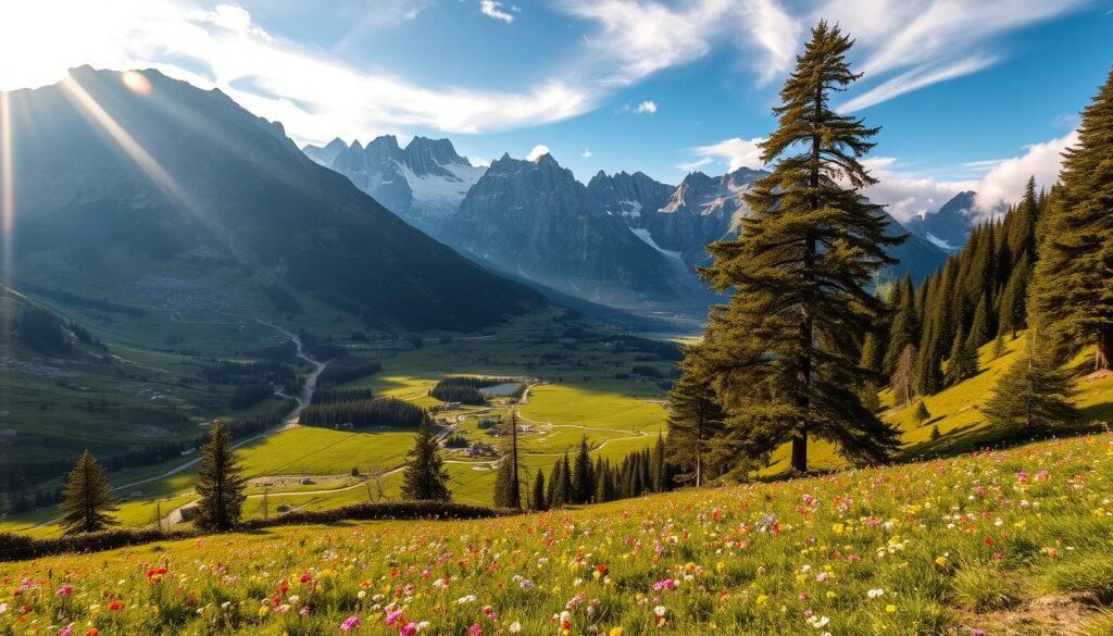 A breathtaking alpine landscape nestled in the heart of Trentino, Val di Sole is a natural wonderland. Towering peaks and glaciers frame a lush, verdant valley dotted with pristine alpine lakes and meandering streams. Sunlight filters through wispy clouds, casting a warm, golden glow over the rugged terrain. In the foreground, blooming meadows of wildflowers sway gently in the mountain breeze. Tall, ancient trees line the valley's edge, their branches reaching towards the sky. The scene exudes a sense of tranquility and timelessness, inviting exploration and appreciation of the region's unparalleled natural beauty. A breathtaking alpine landscape nestled in the heart of Trentino, Val di Sole is a natural wonderland. Towering peaks and glaciers frame a lush, verdant valley dotted with pristine alpine lakes and meandering streams. Sunlight filters through wispy clouds, casting a warm, golden glow over the rugged terrain. In the foreground, blooming meadows of wildflowers sway gently in the mountain breeze. Tall, ancient trees line the valley's edge, their branches reaching towards the sky. The scene exudes a sense of tranquility and timelessness, inviting exploration and appreciation of the region's unparalleled natural beauty.