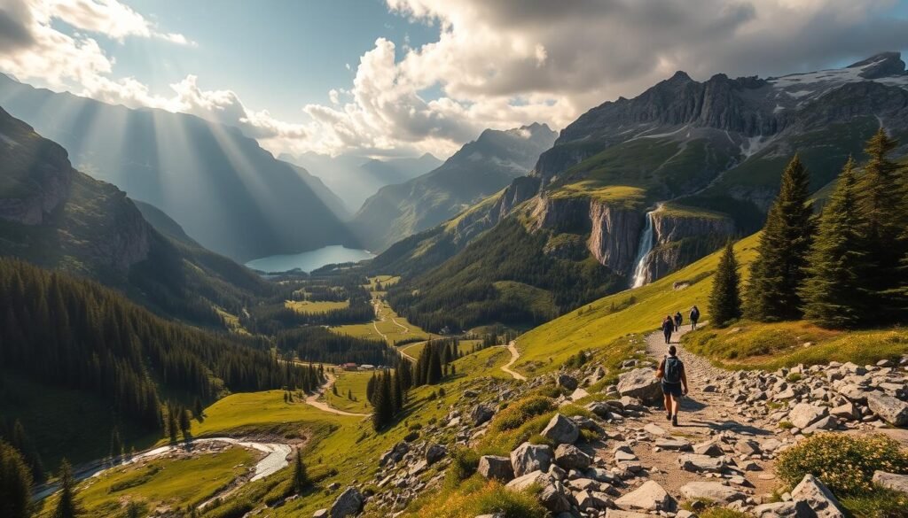 A breathtaking alpine valley nestled in the heart of the Italian Alps, Val di Sole is a true paradise for hikers and outdoor enthusiasts. Towering peaks and pristine glaciers frame a lush, verdant landscape dotted with serene lakes and winding streams. Warm, golden sunlight filters through wispy clouds, casting a magical glow over the rugged terrain. Hikers traverse rocky trails, weaving through dense evergreen forests and wildflower-sprinkled meadows, immersed in the serene tranquility of this natural wonderland. Dramatic cliffs and cascading waterfalls add to the awe-inspiring beauty of this spectacular alpine sanctuary, a true haven for adventurous souls seeking to connect with the untamed splendor of the mountains. A breathtaking alpine valley nestled in the heart of the Italian Alps, Val di Sole is a true paradise for hikers and outdoor enthusiasts. Towering peaks and pristine glaciers frame a lush, verdant landscape dotted with serene lakes and winding streams. Warm, golden sunlight filters through wispy clouds, casting a magical glow over the rugged terrain. Hikers traverse rocky trails, weaving through dense evergreen forests and wildflower-sprinkled meadows, immersed in the serene tranquility of this natural wonderland. Dramatic cliffs and cascading waterfalls add to the awe-inspiring beauty of this spectacular alpine sanctuary, a true haven for adventurous souls seeking to connect with the untamed splendor of the mountains.