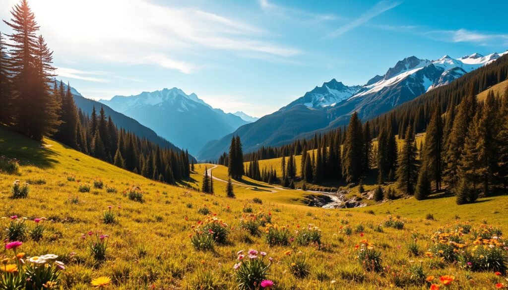 A breathtaking landscape of the Val di Sole in the Italian Alps, bathed in warm, golden sunlight. In the foreground, a lush, verdant meadow dotted with vibrant wildflowers, inviting adventurers of all ages to explore. The middle ground features a winding hiking trail, leading through towering pine forests and past rushing streams. In the distance, majestic snow-capped peaks soar towards the azure sky, creating a sense of grandeur and awe. The scene exudes a serene, tranquil atmosphere, perfect for families seeking an outdoor escape and immersive adventure.