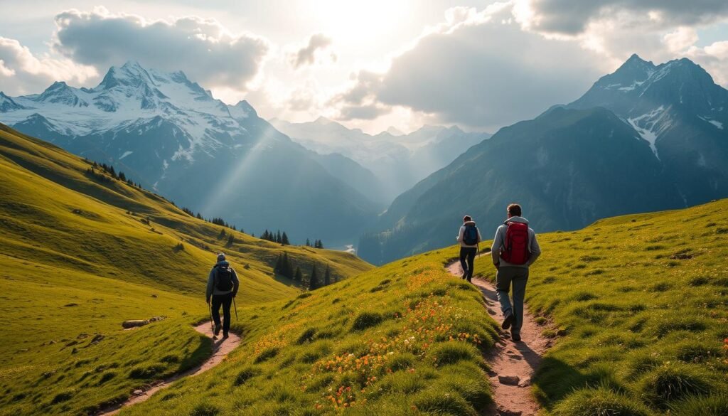 A breathtaking landscape of the Val di Sole, with towering snow-capped peaks rising majestically in the background. In the foreground, a winding trail winds through lush, verdant meadows, dotted with vibrant wildflowers. Hikers, equipped with sturdy boots and backpacks, traverse the path, taking in the awe-inspiring vistas that unfold before them. The warm, golden light of the sun filters through the clouds, casting a warm, inviting glow over the entire scene. The image captures the essence of an unforgettable outdoor adventure, perfectly encapsulating the spirit of "Escursioni e Trekking: Alla Scoperta dei Panorami Mozzafiato" in the Val di Sole. A breathtaking landscape of the Val di Sole, with towering snow-capped peaks rising majestically in the background. In the foreground, a winding trail winds through lush, verdant meadows, dotted with vibrant wildflowers. Hikers, equipped with sturdy boots and backpacks, traverse the path, taking in the awe-inspiring vistas that unfold before them. The warm, golden light of the sun filters through the clouds, casting a warm, inviting glow over the entire scene. The image captures the essence of an unforgettable outdoor adventure, perfectly encapsulating the spirit of "Escursioni e Trekking: Alla Scoperta dei Panorami Mozzafiato" in the Val di Sole.