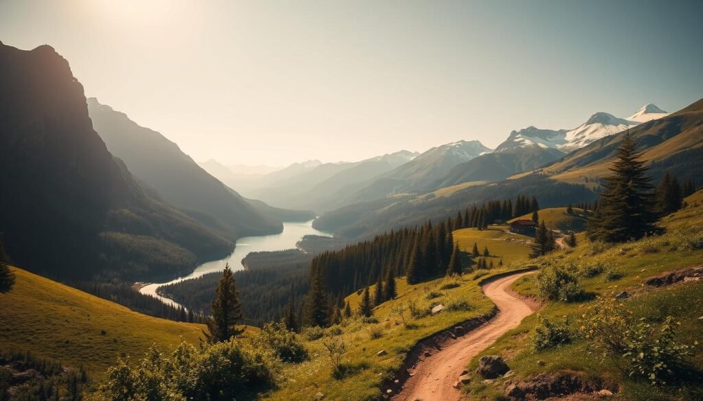 A breathtaking mountain landscape unfolds, where rugged peaks and lush alpine meadows intertwine. In the foreground, a winding dirt trail winds through the verdant foliage, inviting the viewer to embark on an exhilarating e-mountain biking adventure. The midground features a majestic river, its crystal-clear waters reflecting the surrounding peaks and forests. In the distance, towering snow-capped mountains rise majestically, their slopes dotted with evergreen trees and the occasional glimpse of a remote chalet. Warm, golden sunlight bathes the scene, creating a serene and idyllic atmosphere that captures the essence of the Val di Sole, a true haven for e-mountain biking enthusiasts.