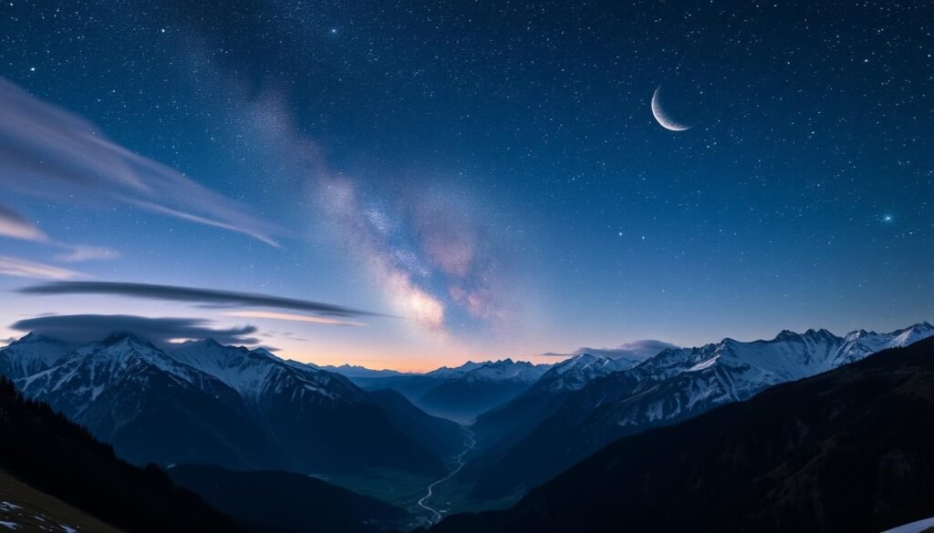 A breathtaking night sky over the rolling hills of northern Italy, the Milky Way galaxy's countless stars twinkling brightly against a deep indigo backdrop. In the foreground, a serene alpine valley lies nestled between rugged peaks, their snow-capped summits bathed in a cool, ethereal glow from the crescent moon. Wispy clouds drift lazily across the heavens, casting mesmerizing shadows that dance across the landscape. The air is crisp and clear, perfect for an evening of stargazing amidst the tranquil beauty of the Italian countryside. Capture the magic of this idyllic starlit scene, a testament to the awe-inspiring wonders of the cosmos above the picturesque Trentino-Alto Adige region.