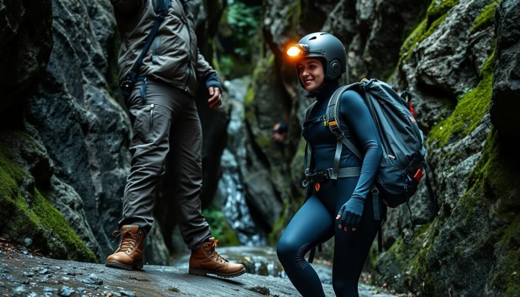 A canyoning adventure through the rugged, verdant gorges of Val di Sole, Italy. Hiker's boots, insulated jacket, and waterproof pants in muted earth tones. Climbing harness, carabiners, and thick ropes coiled neatly. Sleek neoprene wetsuit hugs the body, ready to navigate chilly cascades. Helmet with integrated headlamp casts a warm glow, illuminating the path ahead. Backpack with supplies - energy bars, first aid kit, and extra layers. The scene exudes an air of excitement and preparedness, capturing the spirit of this thrilling outdoor pursuit.