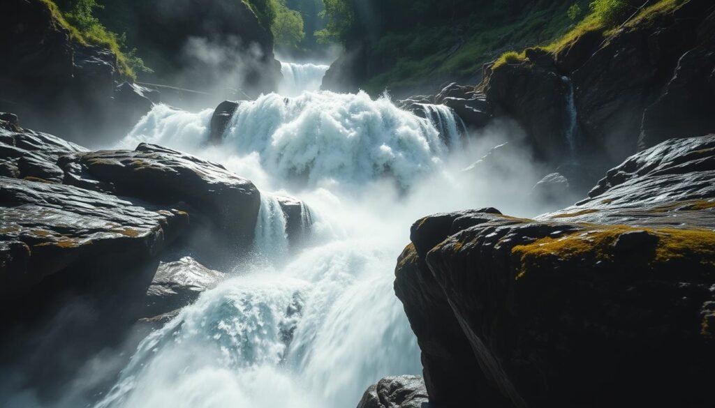 A dramatic, misty waterfall cascading over rugged, moss-covered rocks in a lush, verdant valley. Sunlight filters through the mist, creating a captivating interplay of light and shadow. The camera captures the scene from a low angle, emphasizing the power and grandeur of the cascading water. The overall atmosphere is one of tranquility and wonder, inviting the viewer to immerse themselves in the natural beauty of this Italian landscape.