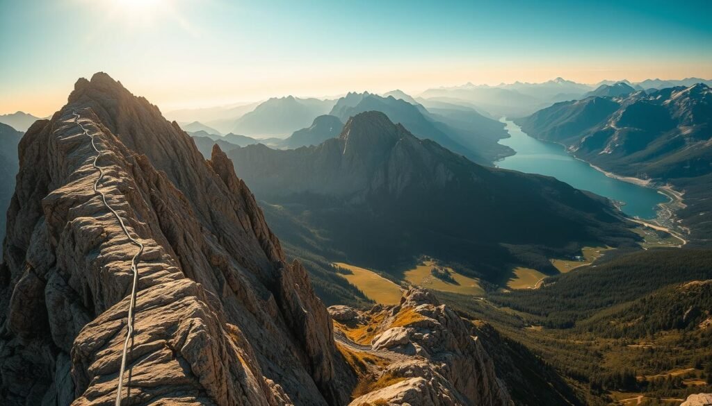 A dramatic mountain vista, with rugged peaks and steep, rocky slopes dominating the scene. The warm, golden light of the sun bathes the landscape, casting long shadows and highlighting the textured surface of the rock formations. In the foreground, a well-marked, steel-reinforced hiking trail, known as a "via ferrata," winds its way up the mountain, offering a thrilling and challenging path for adventurous trekkers. The middle ground features lush, alpine meadows and dense forests, adding depth and contrast to the composition. In the distance, the panoramic view stretches out, revealing the serene, azure-hued waters of a glacial lake nestled among the towering mountains, creating a breathtaking and awe-inspiring scene.