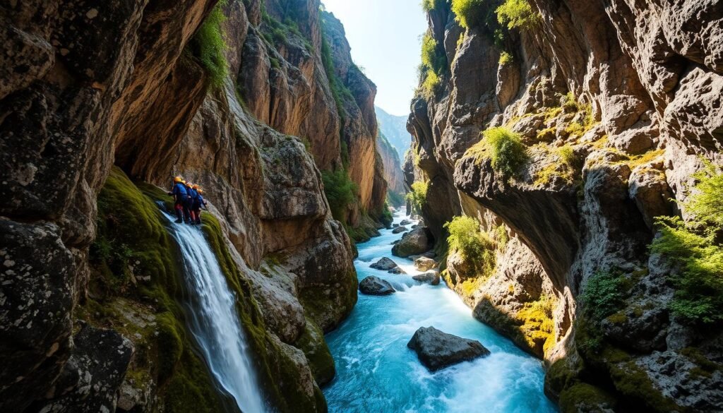 A dramatic rugged canyon landscape in Val di Sole, Italy. Sunlight streams through the towering rock walls, illuminating a flowing river rushing between mossy boulders. In the foreground, a group of canyoners cling to the cliff face, descending a waterfall into the turquoise pool below. Lush vegetation clings to the canyon edges, creating a sense of adventure and natural wonder. The scene is captured with a wide-angle lens to convey the scale and grandeur of this incredible outdoor adventure destination.