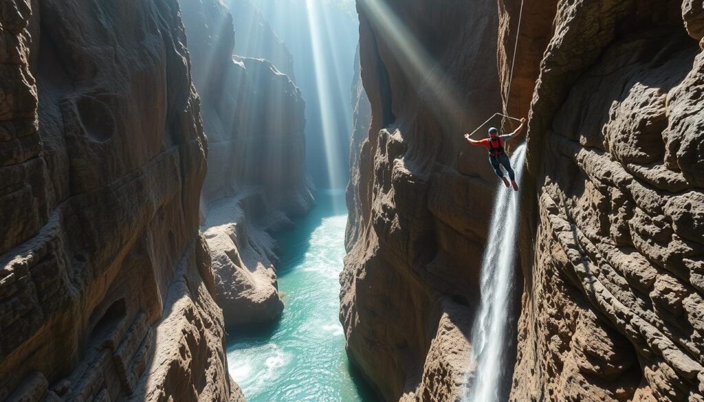A dramatic vista of a winding canyon, its towering walls carved by the relentless flow of water. Sunlight cascades through the narrow ravine, illuminating the emerald pools and cascading waterfalls that punctuate the rocky landscape. A lone figure, clad in a wetsuit, navigates the treacherous terrain, rappelling down sheer cliff faces and leaping into the crystalline depths. The air is crisp and invigorating, the rush of the water and the challenge of the descent palpable. This is canyoning, an extreme sport that combines the thrill of adventure with the beauty of the natural world.