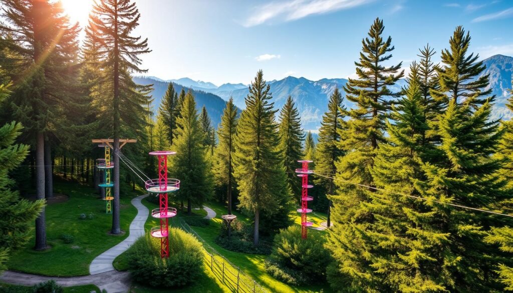 A lush, verdant adventure park nestled in the picturesque Val di Sole valley, with towering pine trees and winding trails inviting exploration. Colorful climbing structures, zip lines, and suspension bridges seamlessly integrated into the natural landscape, offering thrilling experiences for adventurers of all ages. Sunlight filters through the canopy, casting a warm, inviting glow over the scene, while in the distance, majestic snow-capped peaks serve as a breathtaking backdrop. This family-friendly oasis of outdoor fun and excitement is the perfect destination for a day of adventure and rejuvenation.