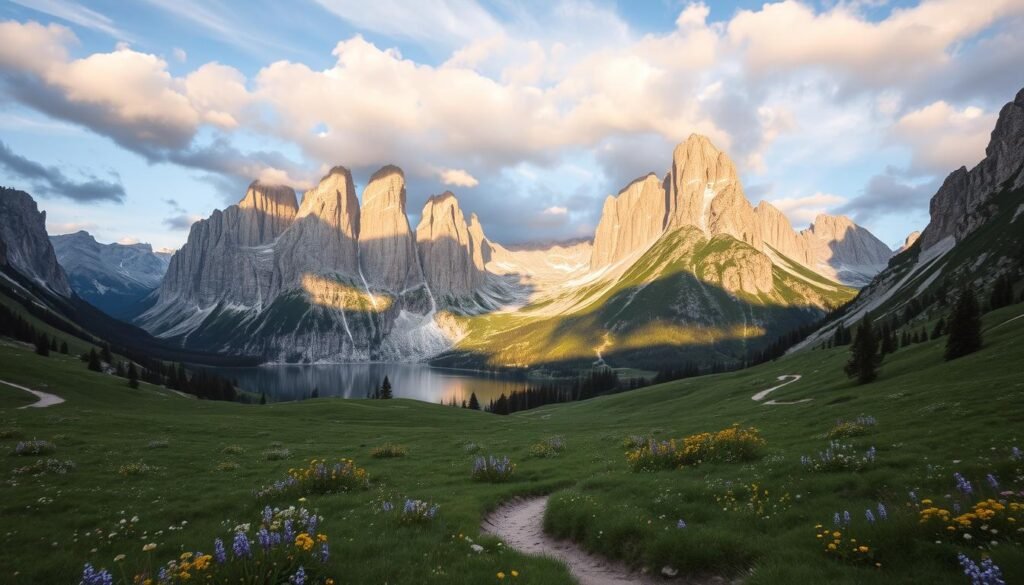 A majestic alpine landscape, the Val di Sole lies nestled among the towering peaks of the Italian Dolomites. Lush meadows dotted with wildflowers stretch across the foreground, leading the eye to a serene lake mirroring the surrounding mountains. Dramatic rock formations rise in the distance, their jagged silhouettes bathed in warm, golden light. A winding path meanders through the scene, inviting the viewer to explore this enchanting mountain paradise. Wispy clouds drift overhead, casting gentle shadows that dance across the scene. The overall mood is one of tranquility and wonder, perfectly capturing the essence of this breathtaking alpine destination.