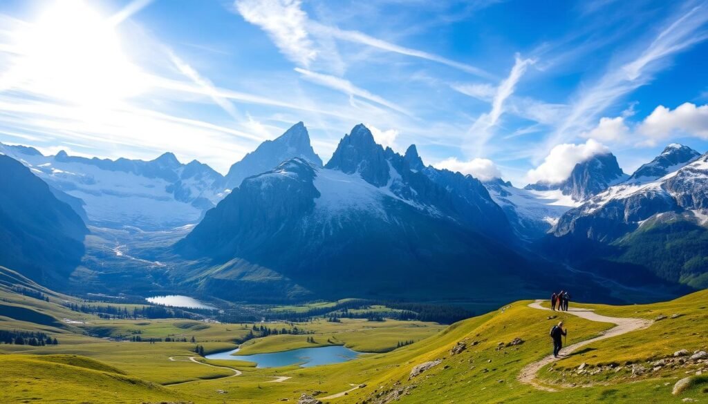 A majestic alpine landscape unfolds, with the imposing peaks of Val Zebrù rising majestically against a backdrop of azure skies. Rugged, snow-capped mountains tower over a serene valley, dotted with lush meadows and pristine alpine lakes. Sunlight filters through wispy clouds, casting a warm glow over the scene. Hikers traverse winding trails, marveling at the breathtaking vistas that unfold at every turn. The air is crisp and clean, inviting exploration of this untamed wilderness. Capture the essence of this captivating corner of the Parco Nazionale dello Stelvio, where the beauty of nature reigns supreme.