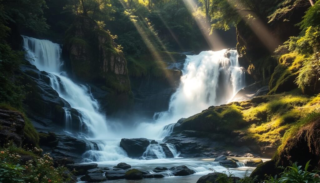 A majestic, cascading waterfall nestled in a lush, verdant valley. The water crashes over rugged, moss-covered rocks, creating a mesmerizing display of white foam and mist. Sunlight filters through the canopy of towering trees, casting a warm, golden glow on the scene. The surrounding landscape is dotted with wildflowers and ferns, creating a serene and tranquil atmosphere. A sense of calm and wonder pervades the air, inviting visitors to pause and take in the breathtaking natural beauty. The image captures the essence of a quintessential Italian waterfall, suitable for the section on safety tips for waterfall excursions.