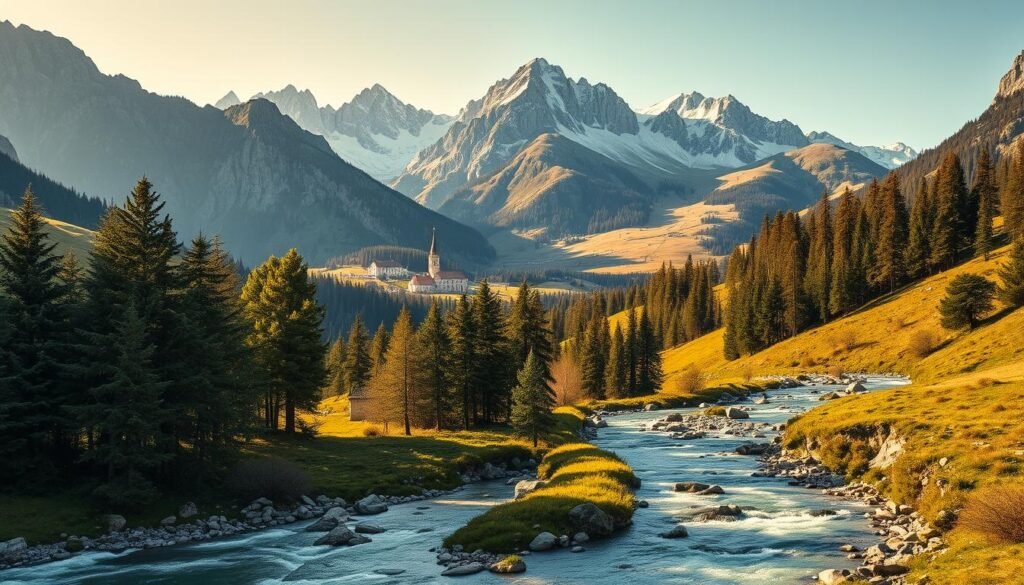 A majestic mountain landscape with rugged peaks and lush alpine meadows, bathed in soft golden light. In the foreground, a sparkling stream winds its way through the valley, its crystal-clear waters reflecting the towering cliffs and forests beyond. Towering pine trees line the banks, their branches swaying gently in the mountain breeze. In the middle ground, rolling hills dotted with quaint villages and historic churches create a picturesque scene. The background is dominated by the imposing presence of snow-capped peaks, their jagged edges contrasting with the warm tones of the valley below. The overall scene conveys a sense of serene tranquility and the timeless beauty of the Italian Alps.