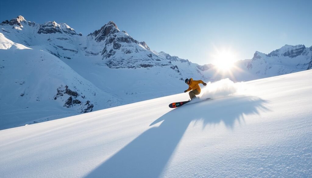 A majestic snowboard soaring through a winter wonderland of Val di Sole. The athlete gracefully carves through powdery snow, leaving a trail of pristine white in their wake. The backdrop features towering snow-capped peaks, bathed in the warm glow of the sun. Crisp, clear skies and a gentle breeze create the perfect conditions for an exhilarating ride. The snowboard's sleek design and vibrant colors capture the essence of this alpine paradise, where every turn is a thrilling adventure. This is the ultimate snowboard playground, where dreams of carving perfect lines come to life.