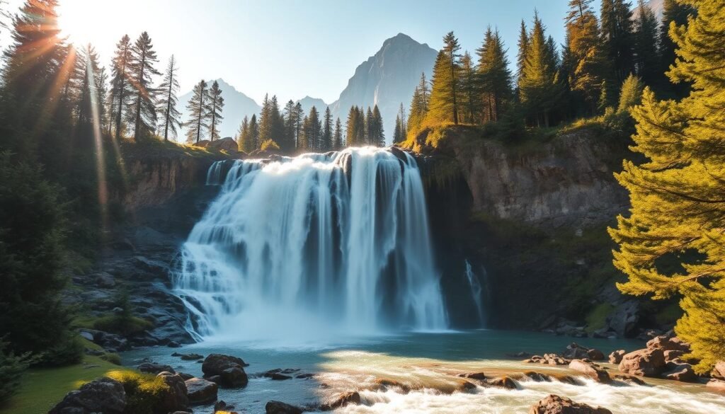 A majestic waterfall cascades amidst a lush, verdant landscape in the heart of Val Sole. The crystalline waters flow gracefully over the rocky cliffs, creating a mesmerizing display of natural wonder. Warm, golden sunlight filters through the surrounding pine trees, casting a serene, ethereal glow upon the scene. Towering mountain peaks rise in the distance, framing the cascading waterfall in a dramatic, awe-inspiring setting. The air is crisp and invigorating, inviting visitors to immerse themselves in the captivating beauty of this seasonal natural marvel.
