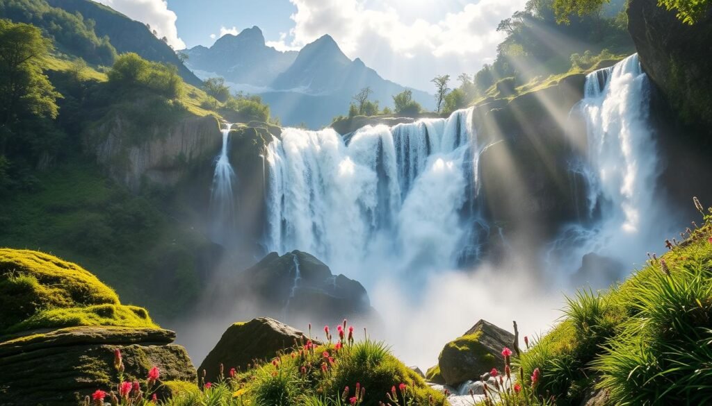 A majestic waterfall cascades through the lush, verdant landscape of Val di Sole, its powerful torrents of water crashing against the rocky cliffs. Sunlight filters through the mist, casting a magical, ethereal glow over the scene. In the foreground, mossy boulders and vibrant wildflowers frame the cascading waters, while in the background, towering mountain peaks rise up, their snow-capped summits touching the clouds. The atmosphere is one of serene tranquility, with the soothing sound of the waterfall creating a peaceful ambiance. This is the enchanting beauty of the Cascate Val di Sole, a true natural wonder to behold.