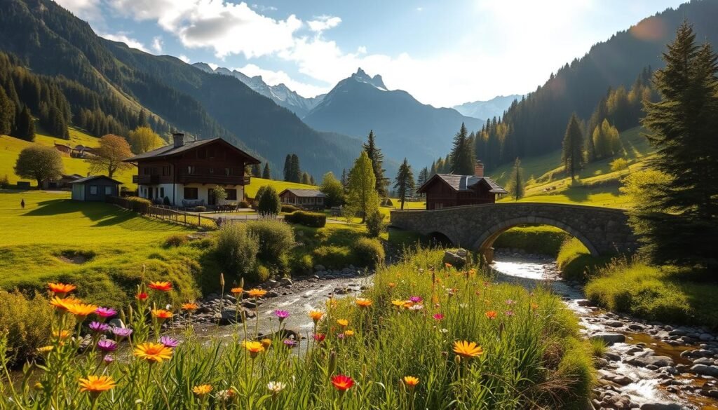 A picturesque Val di Sole estate nestled amidst lush alpine meadows, towering peaks, and a glistening stream. Warm afternoon sunlight filters through wispy clouds, casting a soft, golden glow over the charming farmhouse and its surrounding gardens. In the foreground, a row of vibrant wildflowers sway gently in the mountain breeze. The middle ground features a quaint stone bridge arching gracefully over the babbling creek, while the distant peaks rise majestically, their snow-capped summits gleaming. An air of tranquility and rural serenity pervades the scene, inviting the viewer to step into this idyllic alpine oasis.