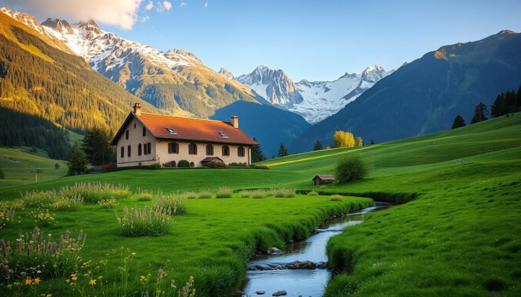 A picturesque alpine estate nestled in the lush, verdant expanse of Val di Sole during the enchanting summer season. Towering snow-capped peaks frame the serene landscape, their majestic silhouettes casting long, dramatic shadows across the rolling meadows carpeted in vibrant wildflowers. A quaint, historic villa stands at the center, its terracotta roof tiles and warm, weathered stone walls glowing under the soft, golden light of the afternoon sun. In the foreground, a tranquil stream winds its way through the property, its crystal-clear waters reflecting the surrounding natural beauty. The overall scene exudes a sense of timeless, rustic charm, perfectly capturing the magic and wonder of the Val di Sole in the summertime. A picturesque alpine estate nestled in the lush, verdant expanse of Val di Sole during the enchanting summer season. Towering snow-capped peaks frame the serene landscape, their majestic silhouettes casting long, dramatic shadows across the rolling meadows carpeted in vibrant wildflowers. A quaint, historic villa stands at the center, its terracotta roof tiles and warm, weathered stone walls glowing under the soft, golden light of the afternoon sun. In the foreground, a tranquil stream winds its way through the property, its crystal-clear waters reflecting the surrounding natural beauty. The overall scene exudes a sense of timeless, rustic charm, perfectly capturing the magic and wonder of the Val di Sole in the summertime.