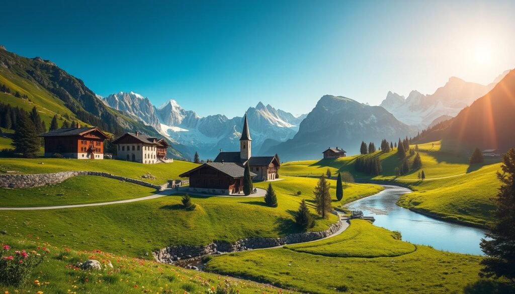 A picturesque alpine landscape in the heart of the Italian Dolomites, Val di Sole radiates the magic of summer. Lush green meadows dotted with vibrant wildflowers stretch out beneath towering snow-capped peaks. Rustic wooden chalets and historic churches nestle amidst the rolling hills, their charming facades bathed in warm golden light. Winding mountain streams and crystal-clear lakes mirror the dramatic surrounding scenery. Local artisans showcase their handcrafted goods at bustling open-air markets, while the sounds of traditional folk music fill the air. This idyllic summer retreat captures the essence of la dolce vita, inviting visitors to immerse themselves in the natural beauty and cultural riches of this enchanting Italian alpine valley.