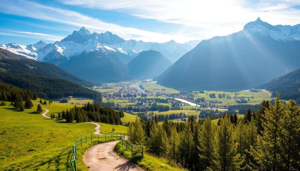 A picturesque alpine valley nestled in the heart of the Italian Alps, Val di Sole is a serene and captivating destination. Majestic snow-capped peaks tower in the distance, their rugged grandeur framing a landscape of lush meadows, winding rivers, and quaint mountain villages. Sunlight dances across the valley, casting a warm, inviting glow over the tranquil scene. In the foreground, a meandering path leads through a verdant forest, inviting the viewer to explore the natural wonders that await. The atmosphere is one of peaceful solitude, a haven for outdoor enthusiasts and nature lovers alike. This idyllic setting, with its perfect balance of rugged beauty and serene tranquility, perfectly captures the essence of a weekend getaway in the stunning Val di Sole.