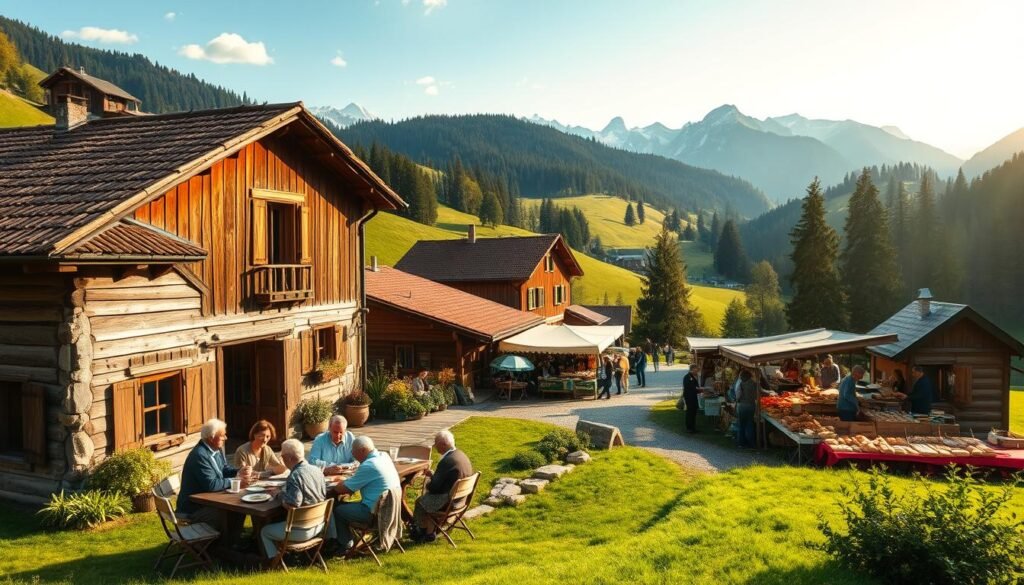A picturesque alpine valley, the Val di Sole in northern Italy boasts a rich cultural heritage and a vibrant gastronomy scene. In the foreground, a traditional farmhouse with weathered wooden beams and a terracotta-tiled roof stands amidst rolling green hills. Older locals gather around a long wooden table, enjoying a hearty meal and sipping on local wines. In the middle ground, a bustling outdoor market displays an abundance of freshly harvested produce, fragrant cheeses, and artisanal breads. The background features snow-capped peaks and dense evergreen forests, creating a serene and idyllic atmosphere. Soft, golden sunlight filters through the scene, illuminating the warmth and hospitality of this enchanting Alpine region. A picturesque alpine valley, the Val di Sole in northern Italy boasts a rich cultural heritage and a vibrant gastronomy scene. In the foreground, a traditional farmhouse with weathered wooden beams and a terracotta-tiled roof stands amidst rolling green hills. Older locals gather around a long wooden table, enjoying a hearty meal and sipping on local wines. In the middle ground, a bustling outdoor market displays an abundance of freshly harvested produce, fragrant cheeses, and artisanal breads. The background features snow-capped peaks and dense evergreen forests, creating a serene and idyllic atmosphere. Soft, golden sunlight filters through the scene, illuminating the warmth and hospitality of this enchanting Alpine region.