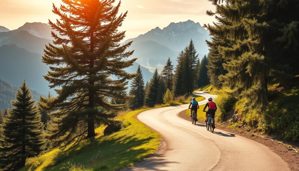 A picturesque mountain bike trail winds through the lush, verdant landscape of Val di Sole, Italy. Towering peaks rise in the distance, their snow-capped summits glistening under a warm, golden sun. Cyclists glide along the smooth, winding path, navigating gentle turns and gentle inclines. The trail is flanked by towering pine trees, their verdant foliage casting dappled shadows across the scene. The atmosphere is one of tranquility and adventure, inviting visitors to explore the natural beauty of this stunning alpine region. A serene, inviting scene, perfect for a leisurely weekend getaway.