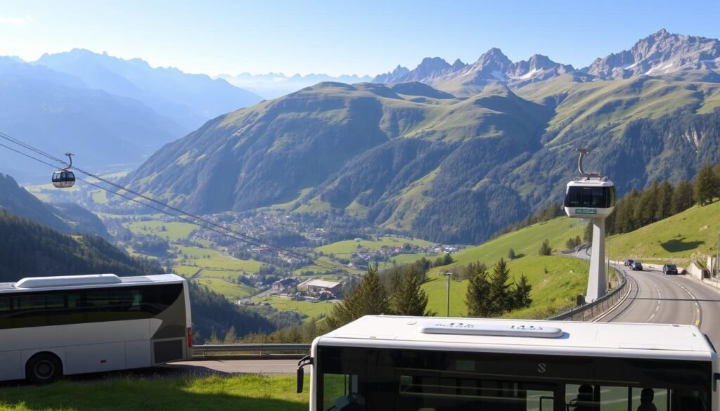 A picturesque mountain landscape with lush green valleys and towering peaks in the distance. In the foreground, a modern, well-maintained public transportation system, including sleek buses and a cable car system gently ascending the slopes. The lighting is soft and natural, creating a sense of tranquility and convenience. The scene conveys the ease of accessing the stunning scenery of the Val di Sole region without the need for a private vehicle, in line with the article's focus on sustainable mobility options.