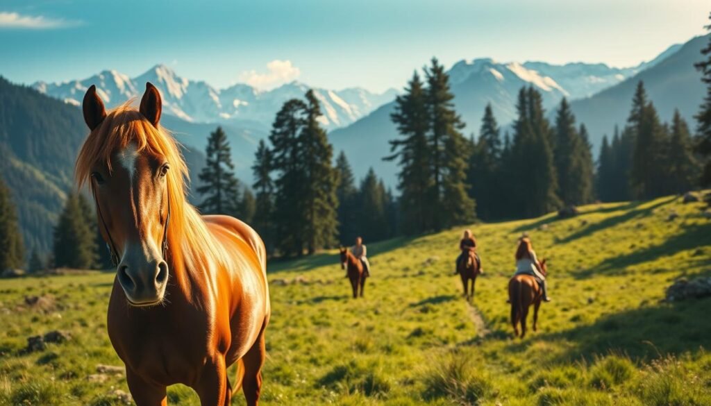 A picturesque scene of a serene mountain valley, with a majestic horse standing in the foreground, its chestnut coat glistening in the warm, golden sunlight. In the middle ground, a group of riders, their expressions filled with joy and wonder, explore the lush, verdant meadows, weaving between towering pine trees. In the distance, the snowcapped peaks of the Italian Alps rise majestically, creating a breathtaking backdrop for this equestrian adventure. The scene is bathed in a soft, diffused light, casting long shadows and lending an ethereal, dreamlike quality to the image. The overall mood is one of tranquility, adventure, and a deep connection with nature. A picturesque scene of a serene mountain valley, with a majestic horse standing in the foreground, its chestnut coat glistening in the warm, golden sunlight. In the middle ground, a group of riders, their expressions filled with joy and wonder, explore the lush, verdant meadows, weaving between towering pine trees. In the distance, the snowcapped peaks of the Italian Alps rise majestically, creating a breathtaking backdrop for this equestrian adventure. The scene is bathed in a soft, diffused light, casting long shadows and lending an ethereal, dreamlike quality to the image. The overall mood is one of tranquility, adventure, and a deep connection with nature.