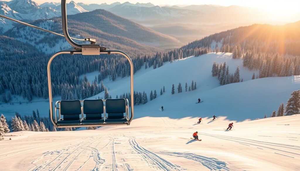A quad chairlift ascending a snow-covered mountain slope, its metal frame and seats gleaming in the crisp winter light. Skiers and snowboarders glide effortlessly across the pristine slopes below, carving graceful turns through the powdery snow. The surrounding landscape is a panorama of rugged peaks and pine forests, bathed in the warm glow of the afternoon sun. The chairlift's smooth, steady motion conveys a sense of tranquility and anticipation, inviting the viewer to experience the thrill of the mountain's snowpark firsthand.