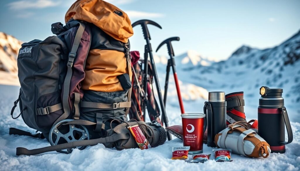 A rugged backpack filled with winter hiking essentials: snow gaiters, thermal base layers, a windproof jacket, and sturdy insulated boots. Alongside, a pair of high-quality snow shoes with metal crampons, poles, and a headlamp for navigating the trails after dark. In the foreground, a thermos of hot tea and energy bars to fuel the adventure. The scene is set against a backdrop of snow-capped peaks and a crisp, clear sky, evoking the serene beauty of a Val di Sole winter hike.