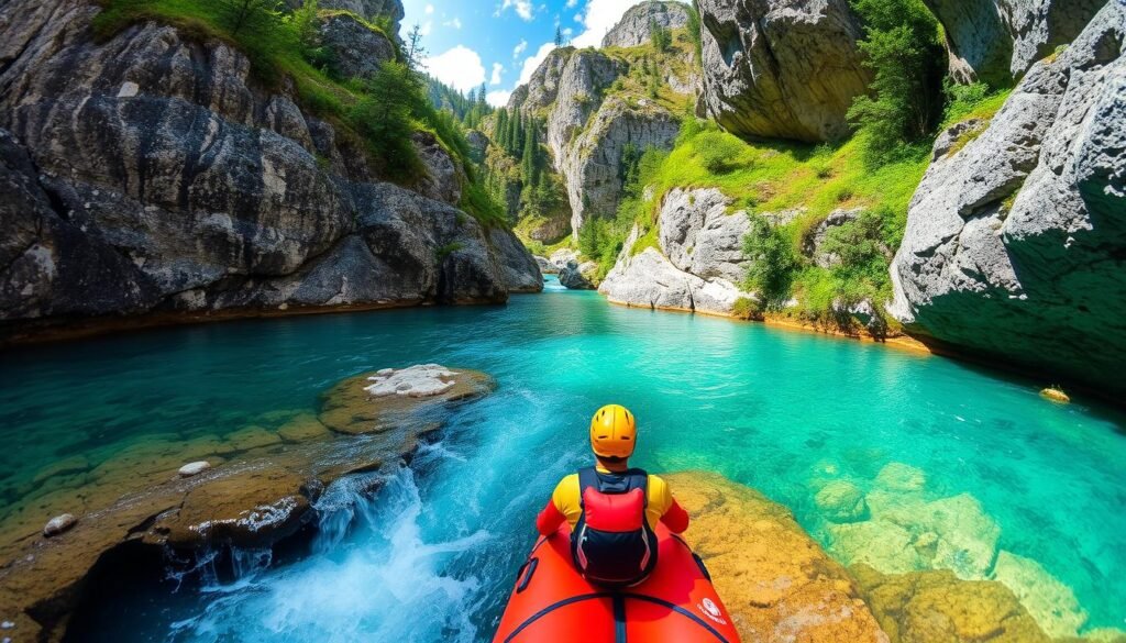 A rugged canyon carved through the heart of the Italian Alps, Val di Sole is a premier destination for canyoning enthusiasts. Imagine navigating crystal-clear pools, cascading waterfalls, and winding rock formations, guided by experienced professionals who can safely lead the way. The scene is a symphony of azure skies, verdant foliage, and towering limestone walls, creating a thrilling yet serene adventure for both seasoned adrenaline junkies and those seeking a more moderate challenge. Capture the essence of this natural wonder through a wide-angle lens, framing the stunning landscape and the intrepid adventurers who dare to explore its hidden depths.