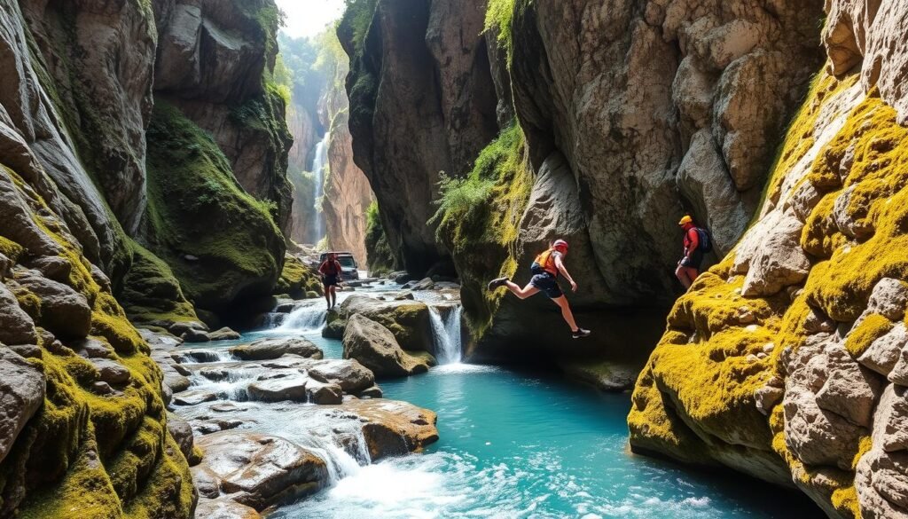 A rugged, winding canyon with towering limestone walls, sunlight filtering through lush vegetation. A crystal-clear stream cascades over mossy rocks, creating a series of picturesque waterfalls. Adventurous hikers navigate the terrain, navigating slippery trails and leaping across pools of turquoise water. The scene exudes a sense of excitement and challenge, perfectly capturing the spirit of canyoning in the stunning Val di Sole region of Italy.