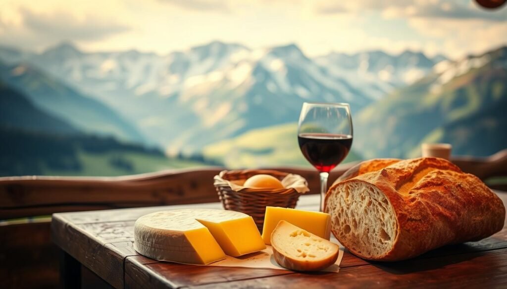 A rustic wooden table set with traditional Val di Sole Casolét cheese, freshly baked bread, and a glass of local red wine. The scene is bathed in warm, soft lighting, casting a cozy and inviting atmosphere. In the background, a picturesque alpine landscape unfolds, with snow-capped peaks and lush green meadows. The overall composition evokes the authentic flavors and charming ambiance of the Val di Sole region.