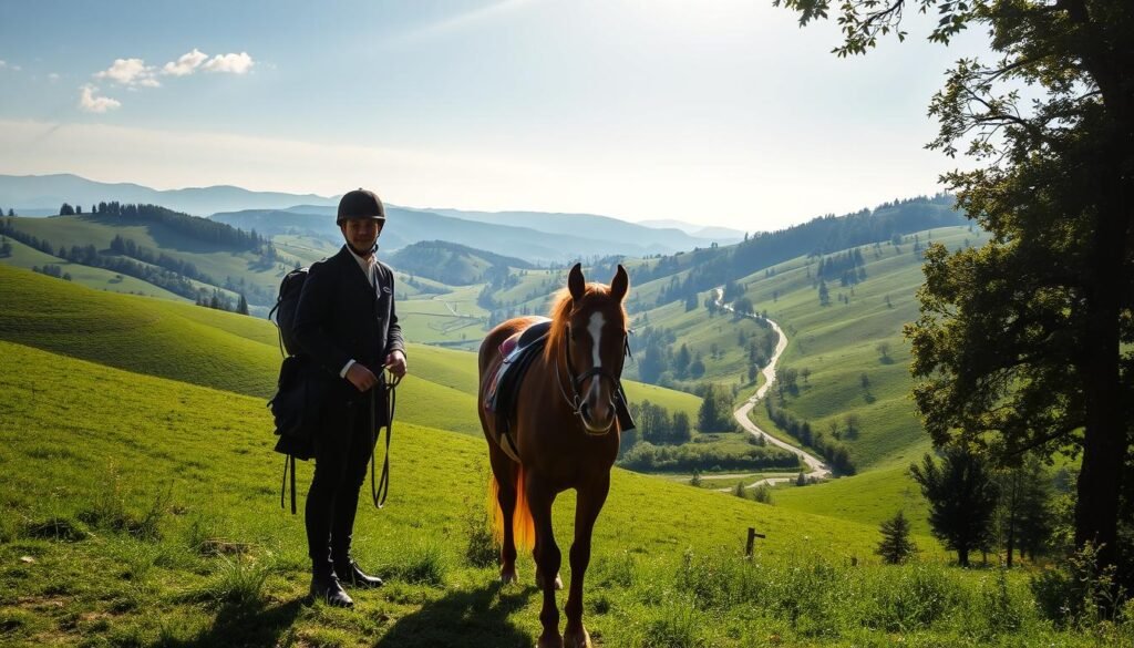 A scenic Italian countryside, rolling hills and lush green meadows. In the foreground, a well-equipped equestrian stands beside a majestic chestnut horse, both dressed in traditional riding gear. Sunlight filters through the trees, casting a warm glow over the scene. In the distance, a winding trail leads through the valley, inviting exploration. The atmosphere is one of tranquility and adventure, perfectly capturing the essence of "Abbigliamento e Attrezzatura Consigliati" for horseback riding in the beautiful Val di Sole region. A scenic Italian countryside, rolling hills and lush green meadows. In the foreground, a well-equipped equestrian stands beside a majestic chestnut horse, both dressed in traditional riding gear. Sunlight filters through the trees, casting a warm glow over the scene. In the distance, a winding trail leads through the valley, inviting exploration. The atmosphere is one of tranquility and adventure, perfectly capturing the essence of "Abbigliamento e Attrezzatura Consigliati" for horseback riding in the beautiful Val di Sole region.