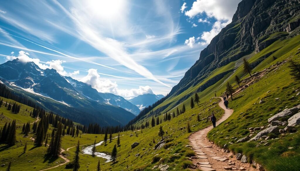 A scenic hiking trail winds through the majestic Stelvio National Park, surrounded by towering snow-capped peaks and verdant alpine meadows. Sunlight filters through wispy clouds, casting a warm glow on the rugged terrain. Hikers traverse the winding path, immersed in the serene natural beauty that characterizes this pristine Italian landscape. The trail leads past crystal-clear streams and ancient larch forests, inviting exploration and contemplation. Capture the essence of this picturesque Sentiero Parco Stelvio in a detailed, cinematic landscape image using a wide-angle lens and natural lighting.