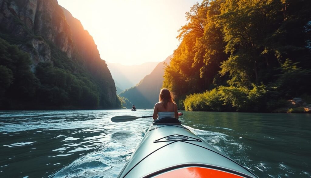 A scenic kayak ride along the tranquil Noce River, its gentle current guiding you through a picturesque Italian landscape. Towering mountains frame the serene waterway, their rugged cliffs casting dramatic shadows across the glistening surface. Lush, verdant foliage lines the riverbanks, creating a serene and inviting atmosphere. The kayak glides effortlessly, its sleek design offering stability and control for paddlers of all skill levels, from novice to expert. Warm, diffused sunlight filters through the trees, casting a warm, golden glow over the serene scene. The overall feeling is one of peaceful exploration and connection with the natural world.