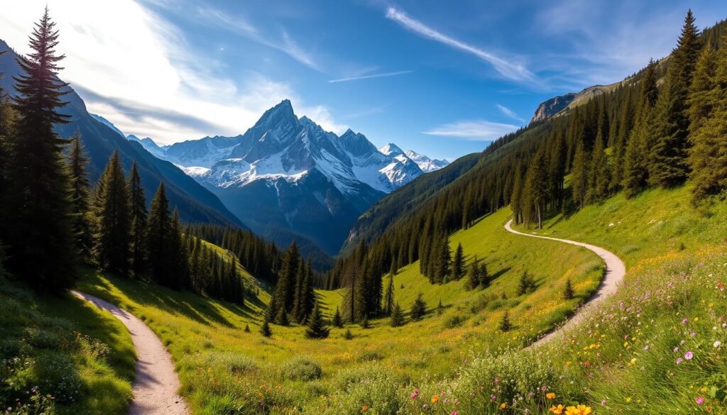 A scenic panorama of the lush, verdant Val di Sole in the heart of the Italian Alps. Towering snow-capped peaks rise majestically in the background, their jagged silhouettes framed by wispy clouds. In the foreground, a winding mountain trail meanders through a tapestry of wildflowers, inviting hikers to embark on an invigorating journey. Sunlight dapples the scene, casting warm shadows and highlighting the vibrant greens of the alpine meadows. Evergreen forests flank the path, their branches swaying gently in the cool breeze. This idyllic, tranquil landscape beckons adventurers to explore its natural treasures, offering a serene respite from the everyday.