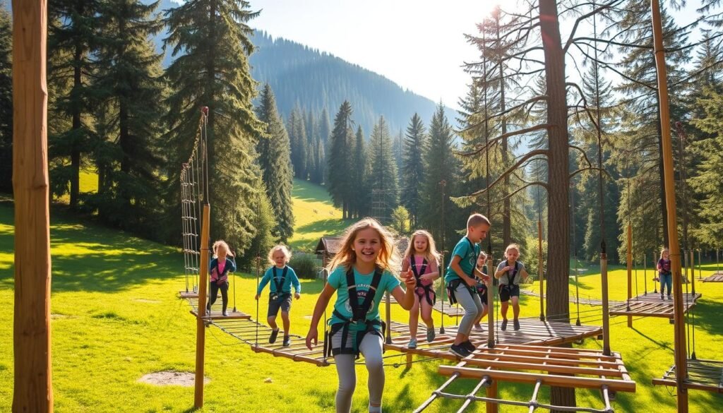 A serene adventure park nestled in the picturesque Val di Sole, with vibrant green meadows and towering pine trees as the backdrop. In the foreground, a group of children navigate a series of secure, well-maintained obstacle courses, their laughter echoing through the crisp mountain air. Sunlight filters through the canopy, casting a warm, inviting glow on the scene. Sturdy safety harnesses and carefully designed platforms ensure the children's wellbeing, as they explore the park's carefully curated challenges. The atmosphere exudes a sense of joy, adventure, and unwavering commitment to safety, perfectly capturing the essence of "Sicurezza Prima di Tutto" within this family-friendly destination.