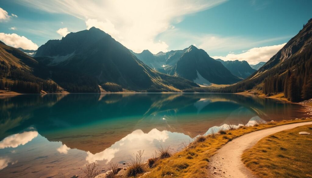 A serene alpine lake nestled in the heart of the Stelvio National Park, Lago di Covel reflects the majestic peaks and lush greenery of the surrounding landscape. Captured in a wide-angle lens, the clear, turquoise waters are framed by towering mountains, their jagged silhouettes mirrored in the still surface. Warm, golden sunlight filters through wispy clouds, casting a tranquil glow over the scene. In the foreground, a path winds along the shore, inviting viewers to explore the natural wonders of this picturesque location. The overall atmosphere is one of peace and quiet solitude, perfectly capturing the essence of the "Naturalistic Trails" section of the article.