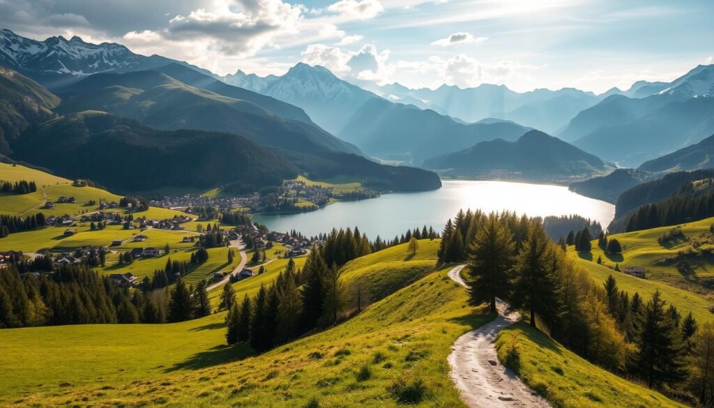 A serene alpine landscape in the Trentino region, Italy. Rolling green hills dotted with quaint villages, framed by majestic snow-capped peaks. A crystal-clear lake reflects the surrounding natural beauty, its waters shimmering under soft golden light. A winding path leads through a lush forest, inviting exploration. The scene exudes a sense of tranquility and romantic charm, perfectly encapsulating the allure of the Trentino mountains.