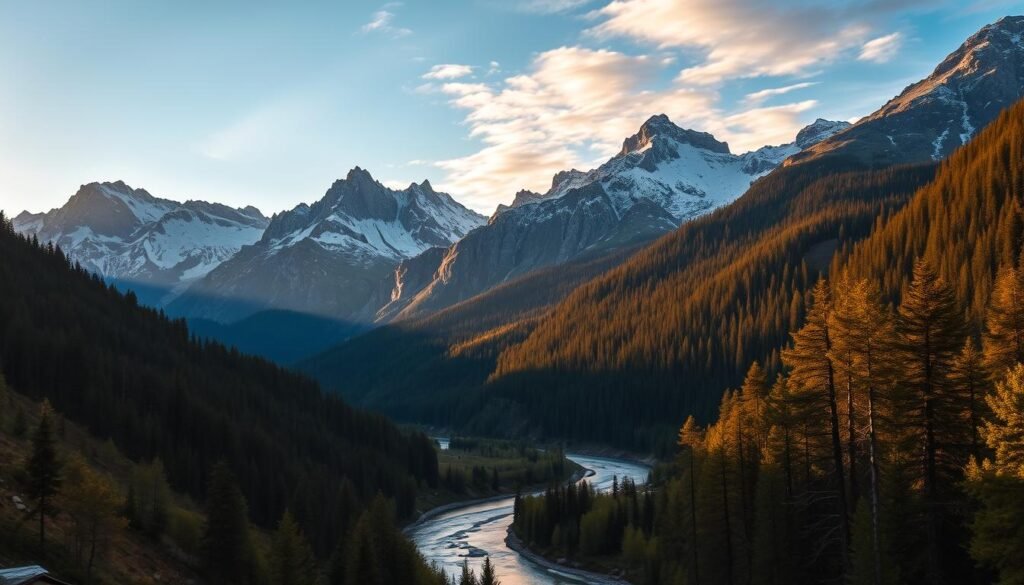A serene alpine valley, "Val di Sole al tramonto", bathed in the warm glow of the setting sun. Rugged, snow-capped peaks rise majestically in the background, their slopes dotted with lush evergreen forests. In the foreground, a winding river cuts through the landscape, its waters reflecting the vibrant hues of the sky. The scene is infused with a sense of tranquility and timelessness, accentuated by the soft, golden light filtering through the atmosphere. This picturesque vista, captured with a wide-angle lens, showcases the breathtaking natural beauty of this idyllic Italian alpine region, perfectly capturing the essence of the ideal photographic moments and seasons to explore this enchanting landscape.