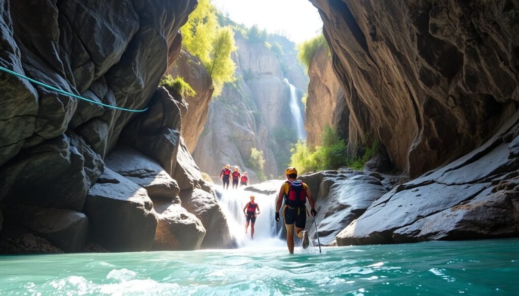 A serene and tranquil canyoning scene set in the stunning Val di Sole. Towering rock formations carved by rushing waters, with a group of adventurous explorers navigating the rugged terrain. Tethered safety lines and protective gear ensure their security as they descend the cascading waterfalls, surrounded by lush greenery and sunlight filtering through the canyon walls. The atmosphere is one of exhilaration and camaraderie, as they conquer the natural challenges with skill and confidence. A beautiful, dynamic landscape that captures the essence of canyoning in this picturesque Italian valley.