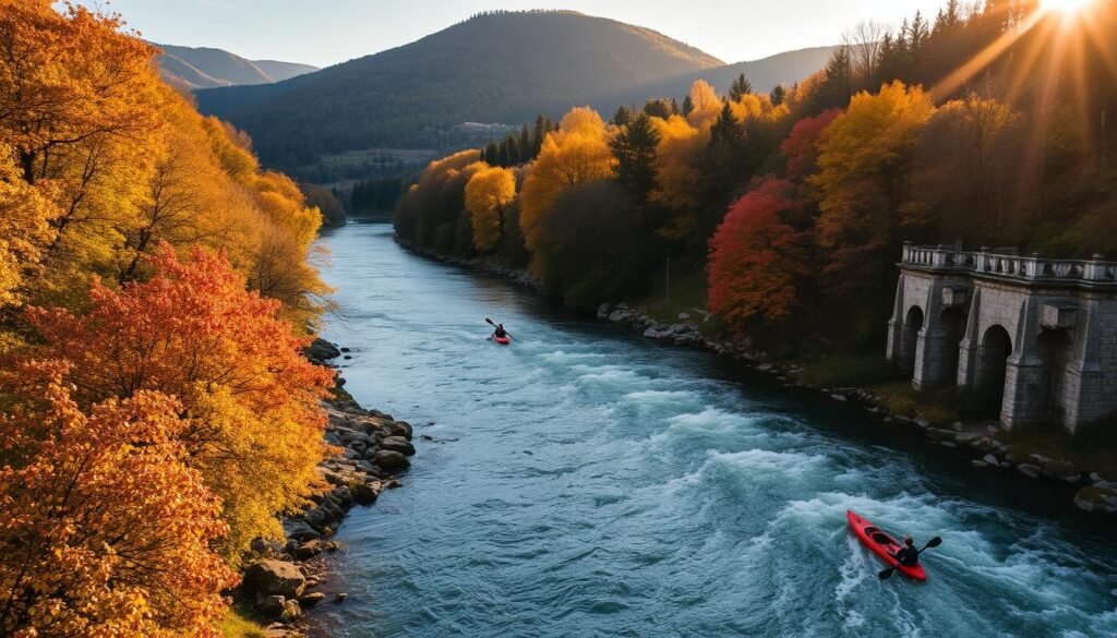 A serene autumn landscape along the banks of the Noce River, Italy. Sunlight filters through the vibrant fall foliage, casting a warm glow across the rushing waters. Kayakers glide effortlessly, navigating the gentle curves of the river amidst the picturesque backdrop of rolling hills and rocky cliffs. The scene exudes a sense of tranquility and natural beauty, inviting the viewer to immerse themselves in the peaceful rhythm of the Noce. High-resolution, detailed, hyperrealistic, 8k.