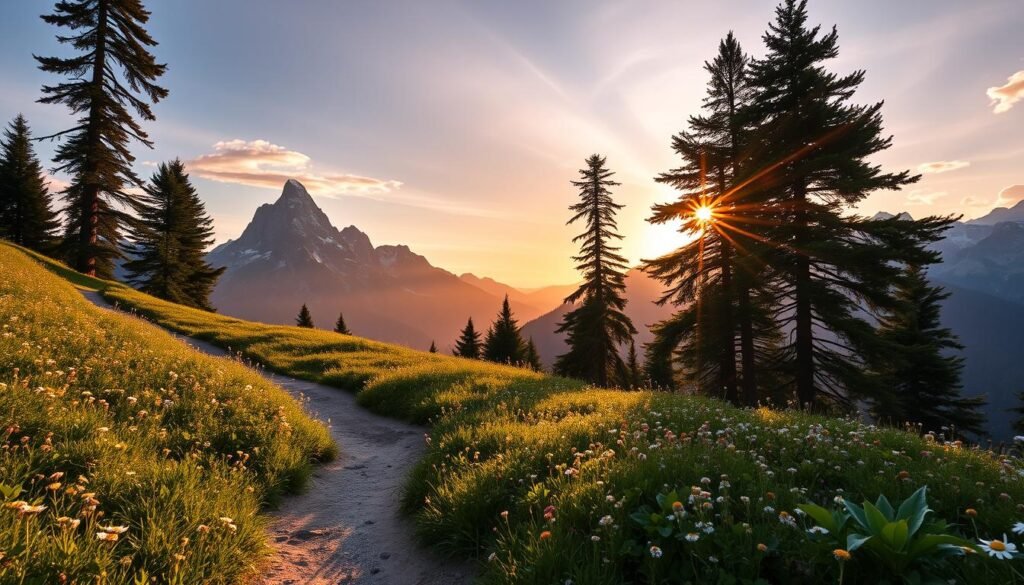 A serene hike through the lush, verdant landscapes of Parco Nazionale dello Stelvio, captured under the warm glow of a golden hour sunset. Towering peaks of the Italian Alps rise majestically in the distance, their snow-capped summits glimmering against a vibrant sky. In the foreground, a well-worn trail winds its way through a carpet of wildflowers, inviting the adventurous explorer to immerse themselves in the breathtaking natural beauty. Rays of sunlight filter through the canopy of ancient trees, casting a soft, diffused illumination across the scene. The overall atmosphere exudes a sense of tranquility and wonder, perfectly capturing the essence of a memorable excursion in this stunning Alpine sanctuary.