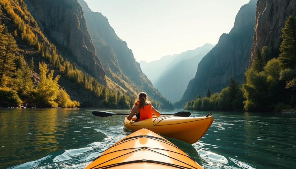 A serene kayak gliding gracefully down the Noce River, its gentle current glistening under the warm afternoon sun. Towering mountain peaks frame the tranquil scene, their rugged slopes draped in lush, verdant foliage. Spotting local wildlife, such as playful otters or majestic birds of prey, adds to the captivating experience. The kayaker, clad in a vibrant life vest, navigates the river with ease, showcasing the accessibility and appeal of this outdoor adventure. The composition emphasizes the natural beauty and calming atmosphere, inviting the viewer to imagine the thrill of embarking on a Noce River kayaking excursion.