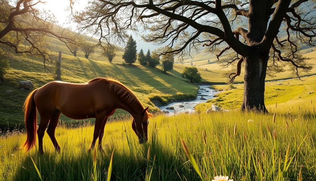 A serene meadow in the heart of the Italian Alps, a majestic chestnut horse grazing peacefully among the tall grass and wildflowers. Warm sunlight filters through the canopy of ancient trees, casting a soft glow on the scene. In the distance, a crystal-clear stream winds through the lush, verdant landscape. The horse's powerful frame and graceful movements evoke a sense of harmony with the natural world, inviting the viewer to experience the restorative power of this pastoral setting. A perfect representation of the benefits of horseback riding in the great outdoors. A serene meadow in the heart of the Italian Alps, a majestic chestnut horse grazing peacefully among the tall grass and wildflowers. Warm sunlight filters through the canopy of ancient trees, casting a soft glow on the scene. In the distance, a crystal-clear stream winds through the lush, verdant landscape. The horse's powerful frame and graceful movements evoke a sense of harmony with the natural world, inviting the viewer to experience the restorative power of this pastoral setting. A perfect representation of the benefits of horseback riding in the great outdoors.